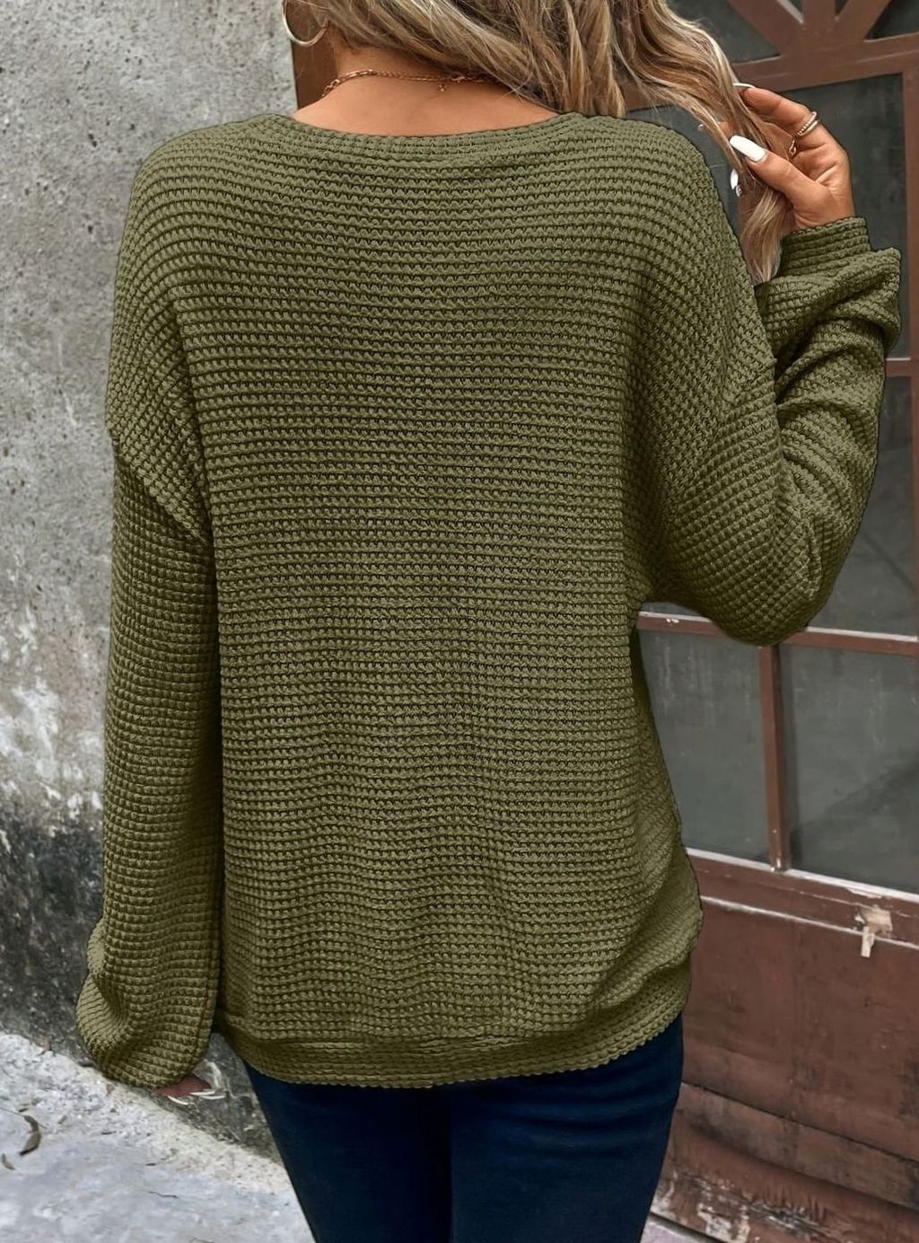 Women's Relaxed Drop-Shoulder Waffle-Knit Crew Neck Sweater
