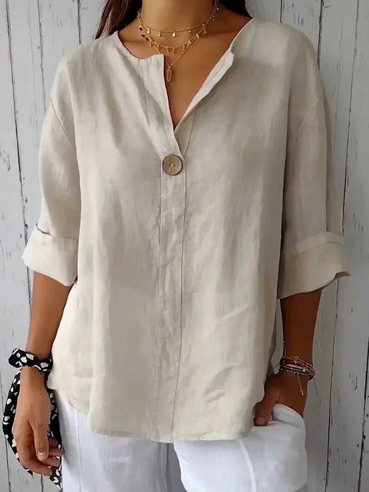Women's Relaxed-Fit 3/4 Sleeve V-Neck Linen Blouse - Beige