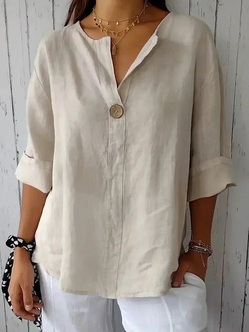 Women's Relaxed-Fit 3/4 Sleeve V-Neck Linen Blouse - Beige