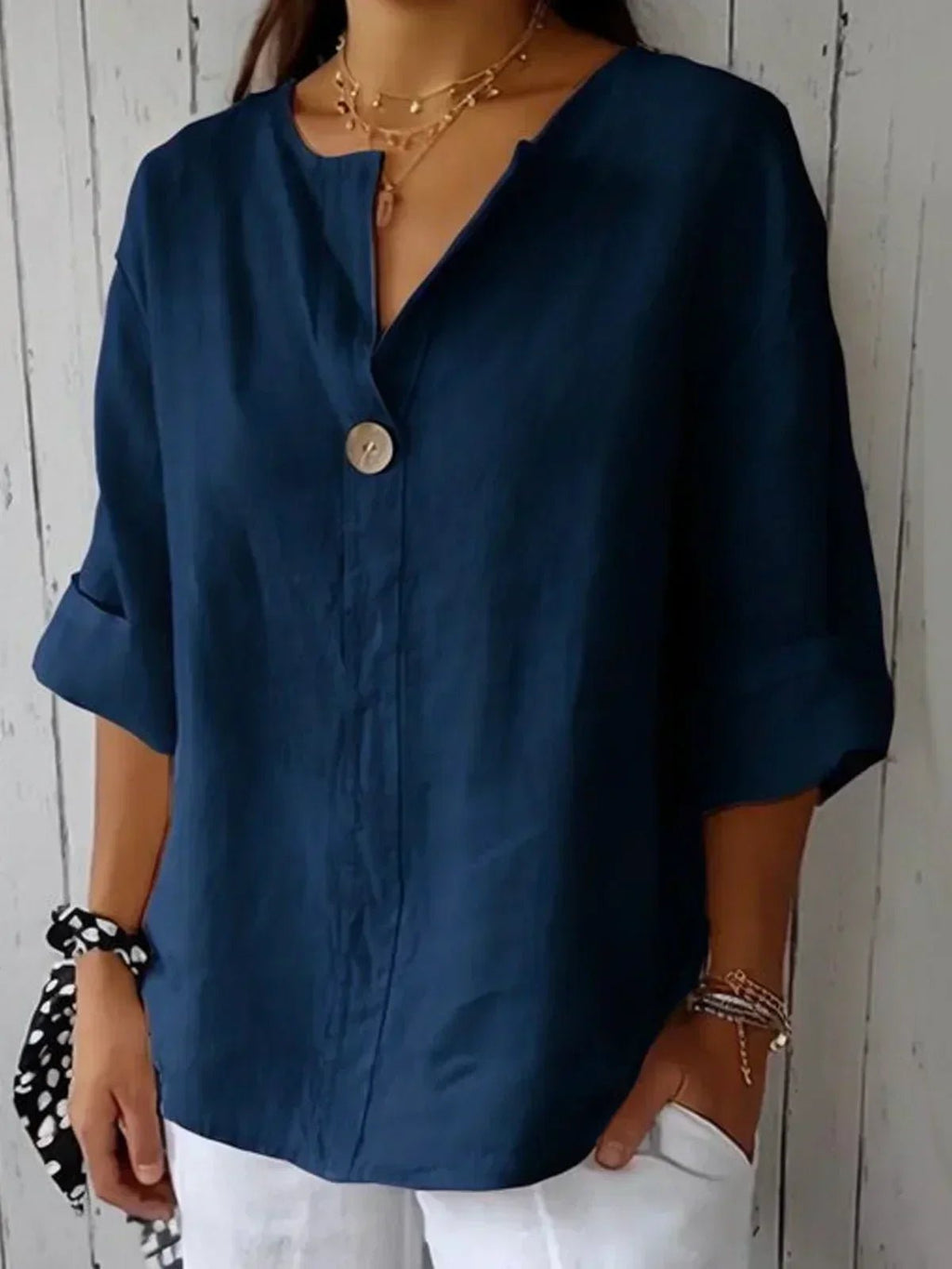 Women's Relaxed-Fit 3/4 Sleeve V-Neck Linen Blouse - Navy Blue
