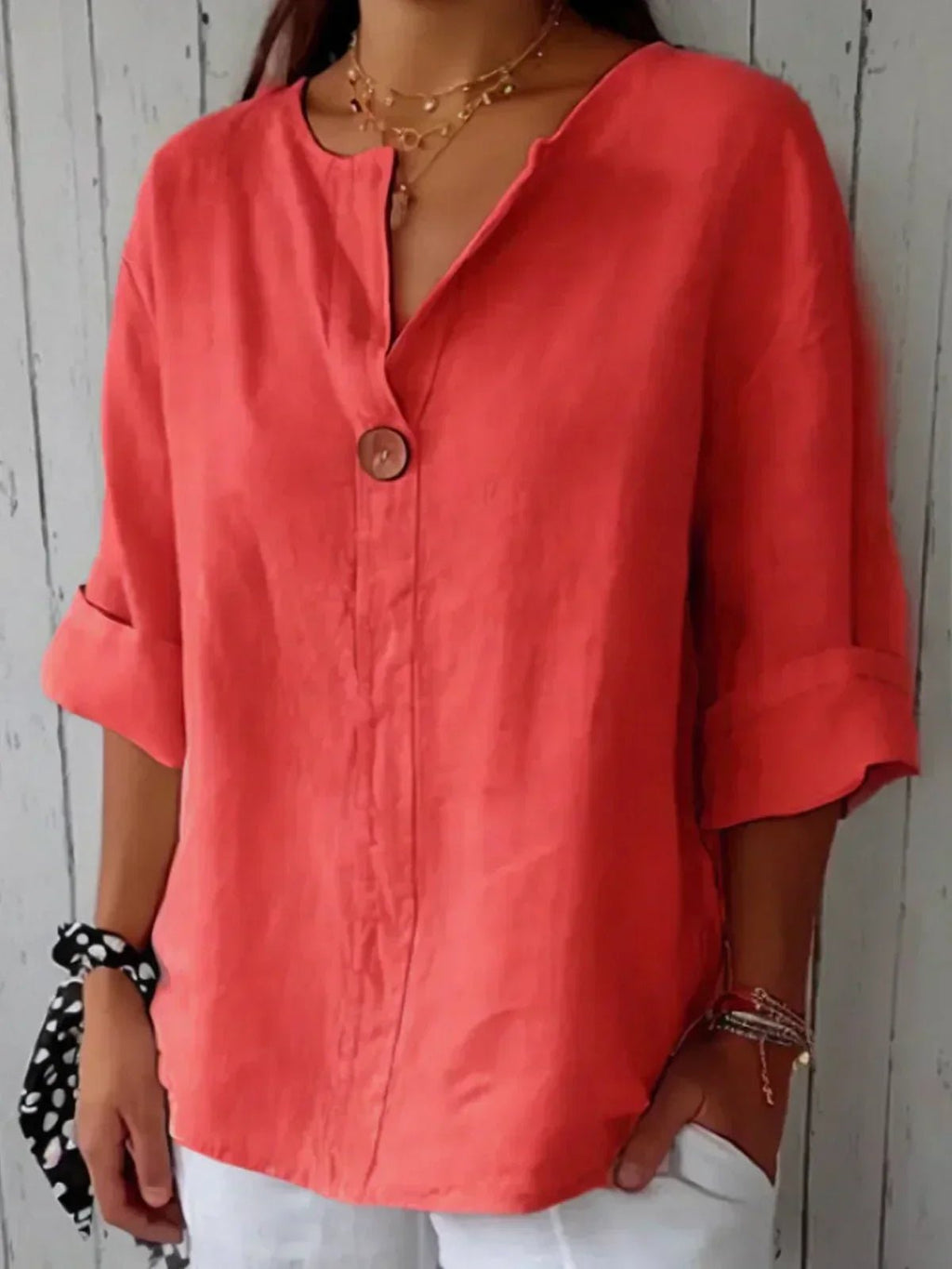 Women's Relaxed-Fit 3/4 Sleeve V-Neck Linen Blouse - Red
