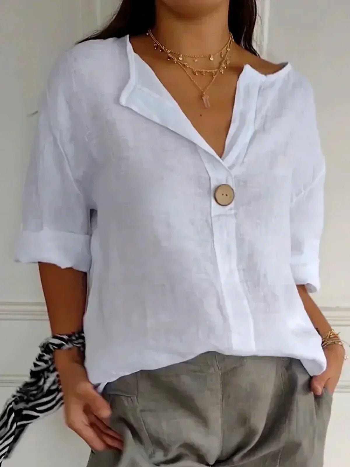 Women's Relaxed-Fit 3/4 Sleeve V-Neck Linen Blouse - White