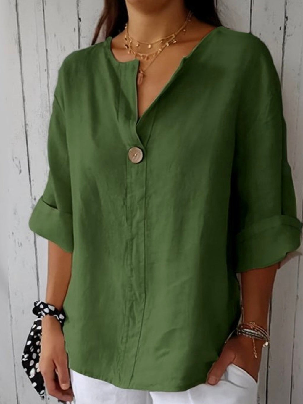 Women's Relaxed-Fit 3/4 Sleeve V-Neck Linen Blouse - Green