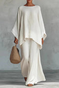 Women's Relaxed-Fit Batwing-Sleeve Linen Two-Piece Pants Set - White