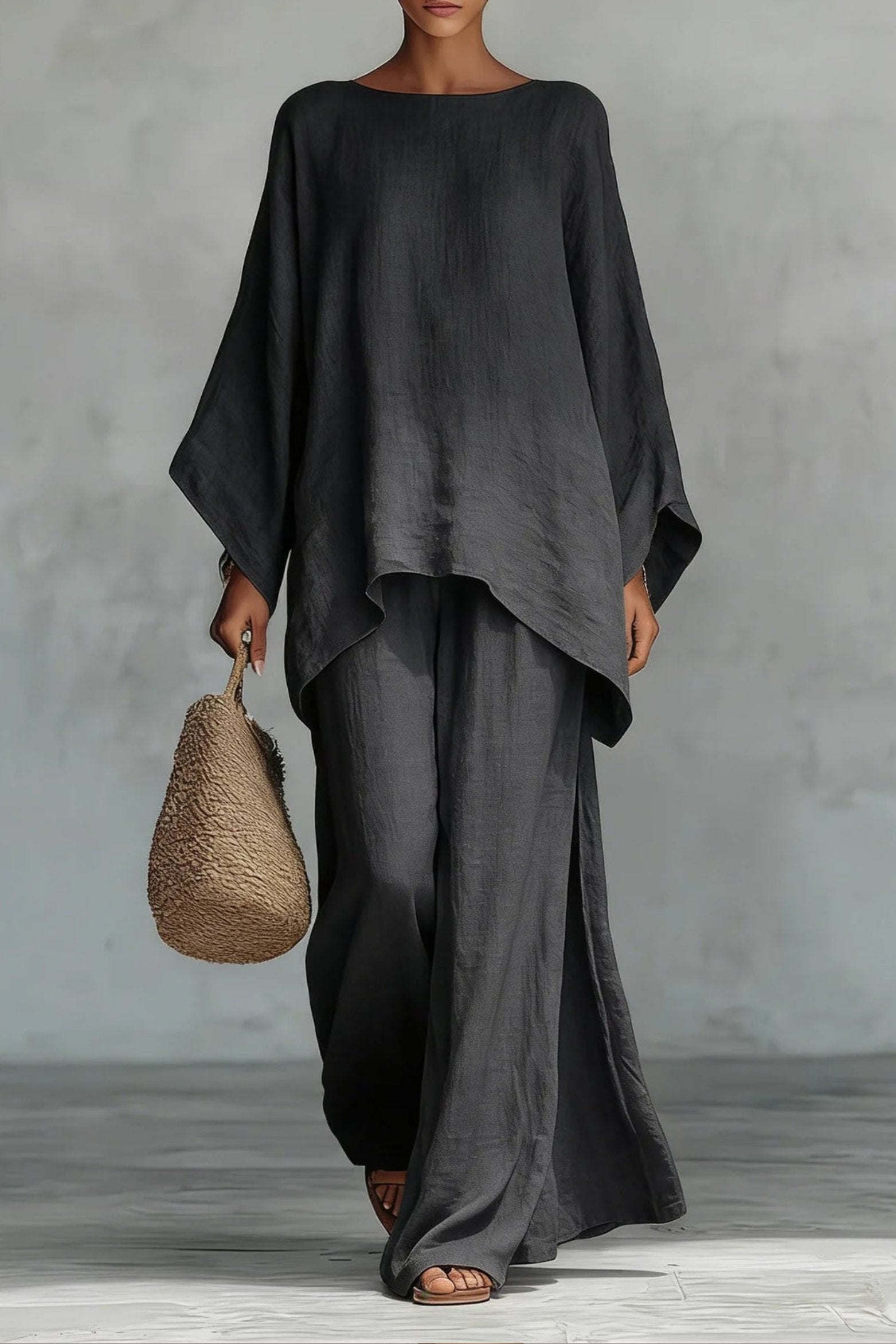 Women's Relaxed-Fit Batwing-Sleeve Linen Two-Piece Pants Set - Dark Grey