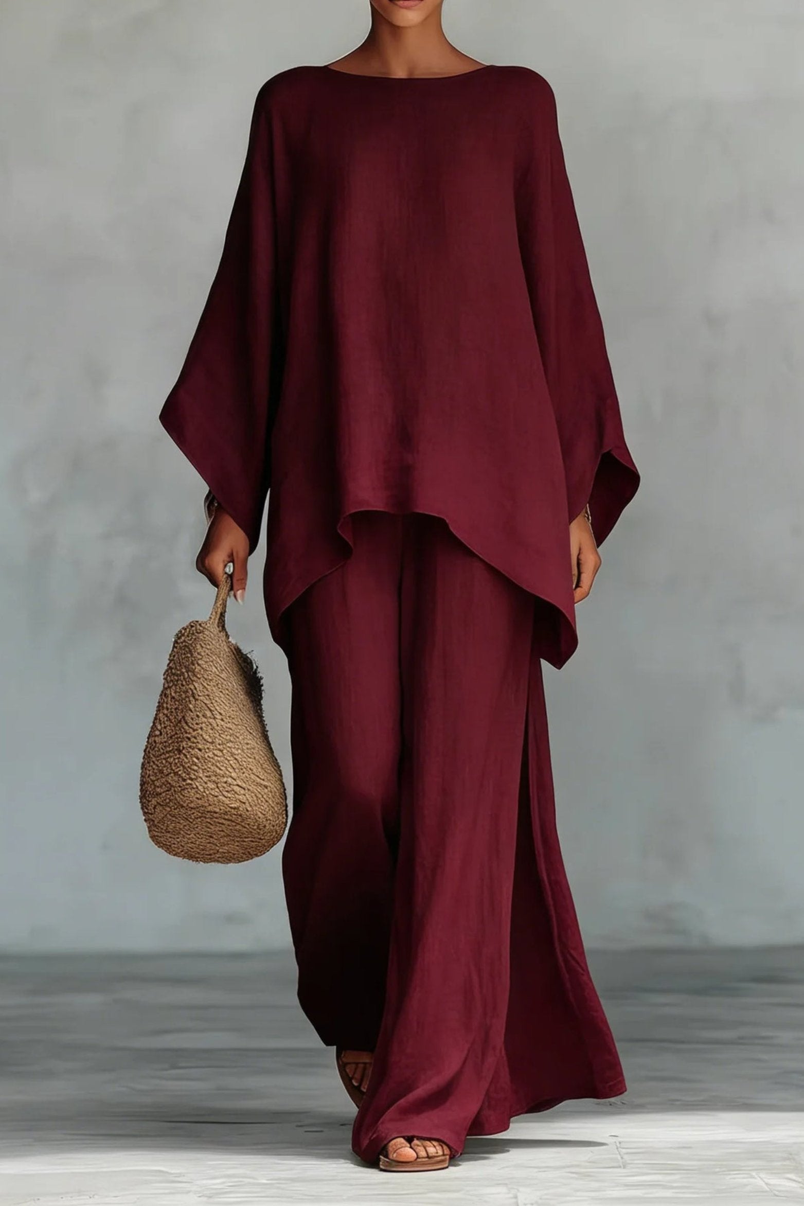 Women's Relaxed-Fit Batwing-Sleeve Linen Two-Piece Pants Set - Burgundy
