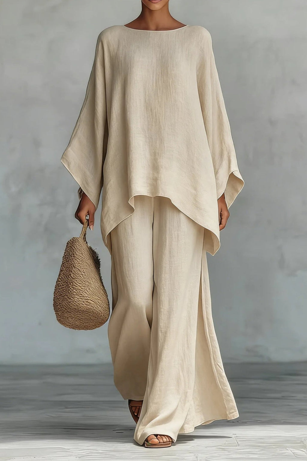 Women's Relaxed-Fit Batwing-Sleeve Linen Two-Piece Pants Set - Khaki