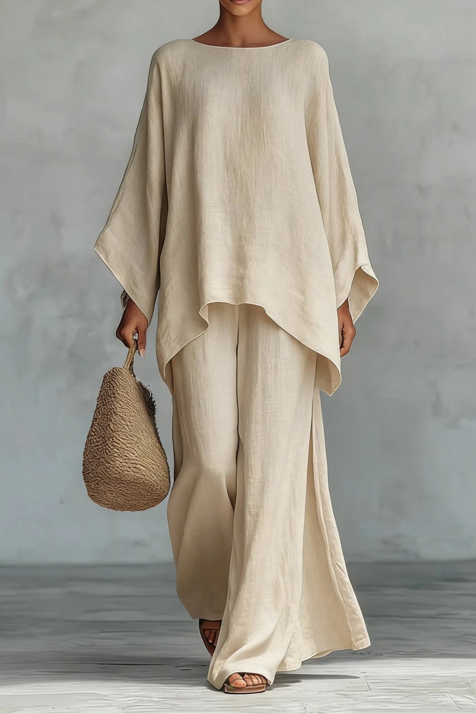 Women's Relaxed-Fit Batwing-Sleeve Linen Two-Piece Pants Set - Khaki