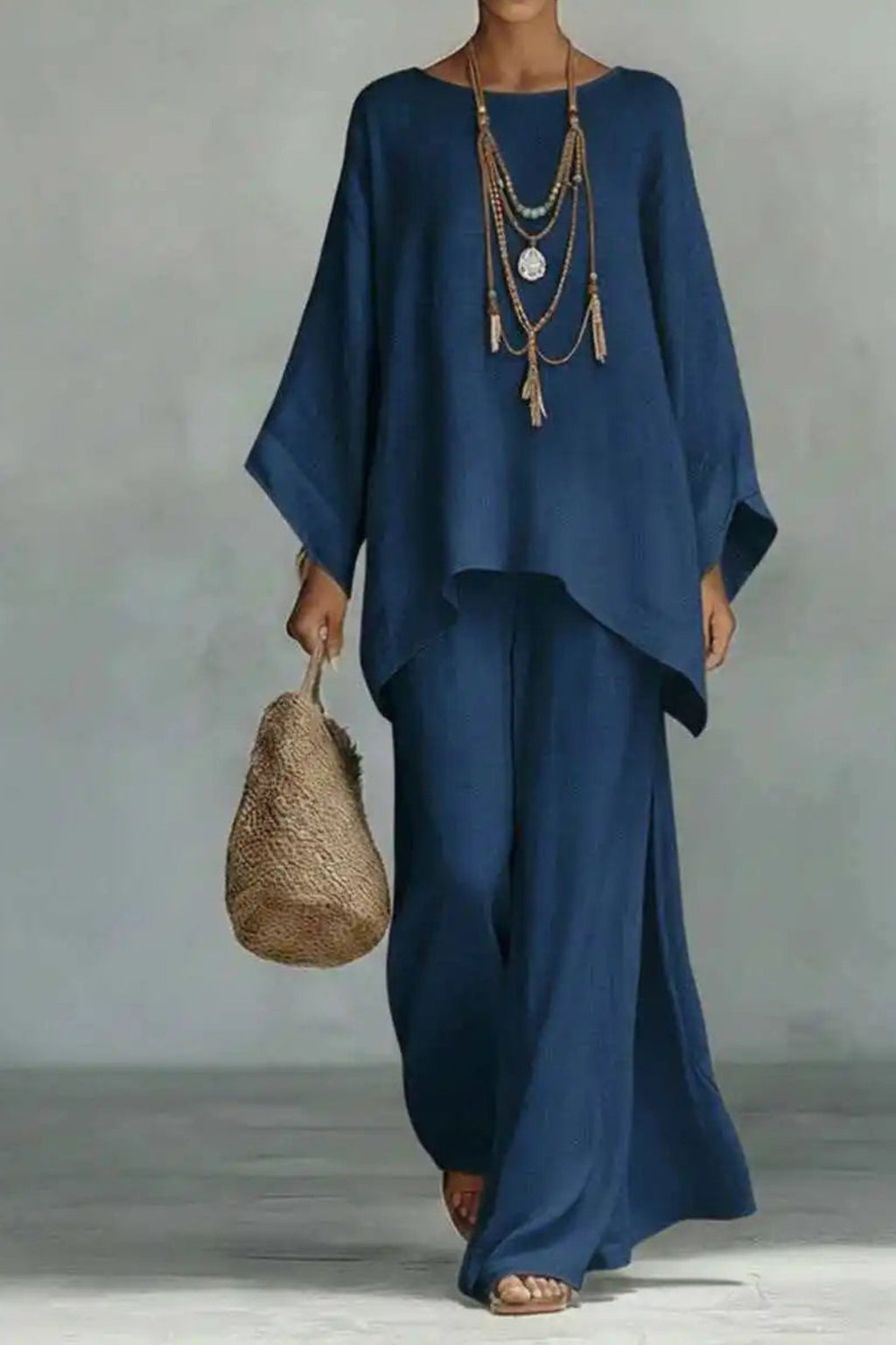 Women's Relaxed-Fit Batwing-Sleeve Linen Two-Piece Pants Set - Navy