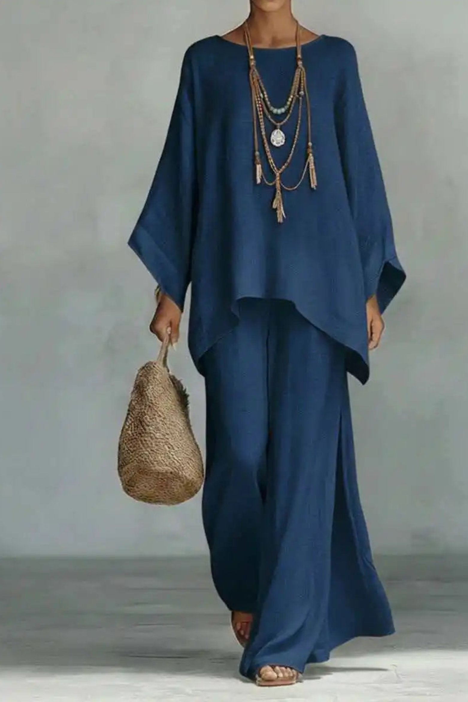 Women's Relaxed-Fit Batwing-Sleeve Linen Two-Piece Pants Set - Navy