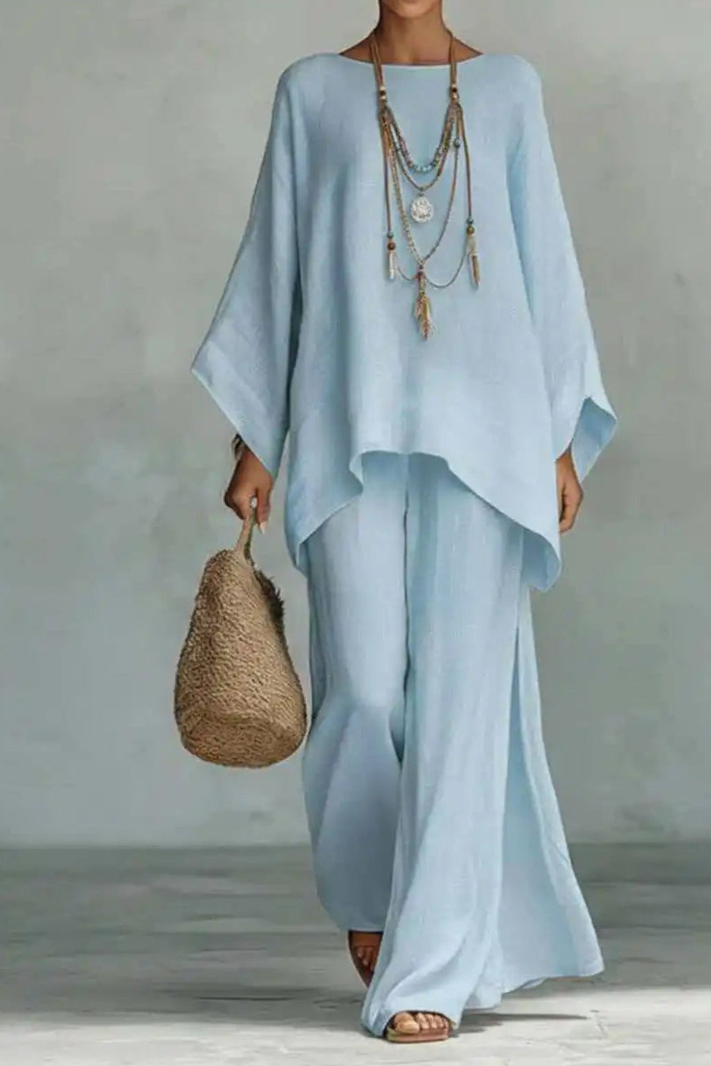 Women's Relaxed-Fit Batwing-Sleeve Linen Two-Piece Pants Set - Light Blue