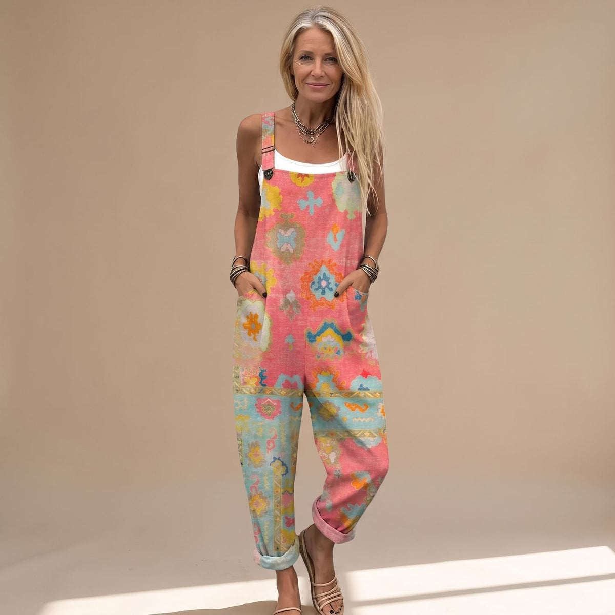 Women's Relaxed-Fit Boho Mosaic Print Sleeveless Jumpsuit