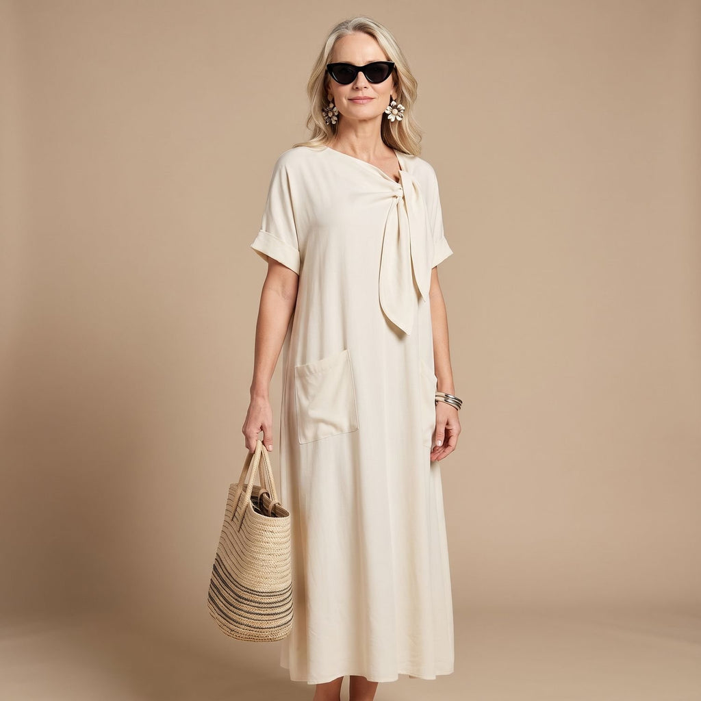 Women's Relaxed-Fit Bow-Neck Maxi Dress with Pockets - Beige