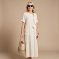 Women's Relaxed-Fit Bow-Neck Maxi Dress with Pockets - Beige