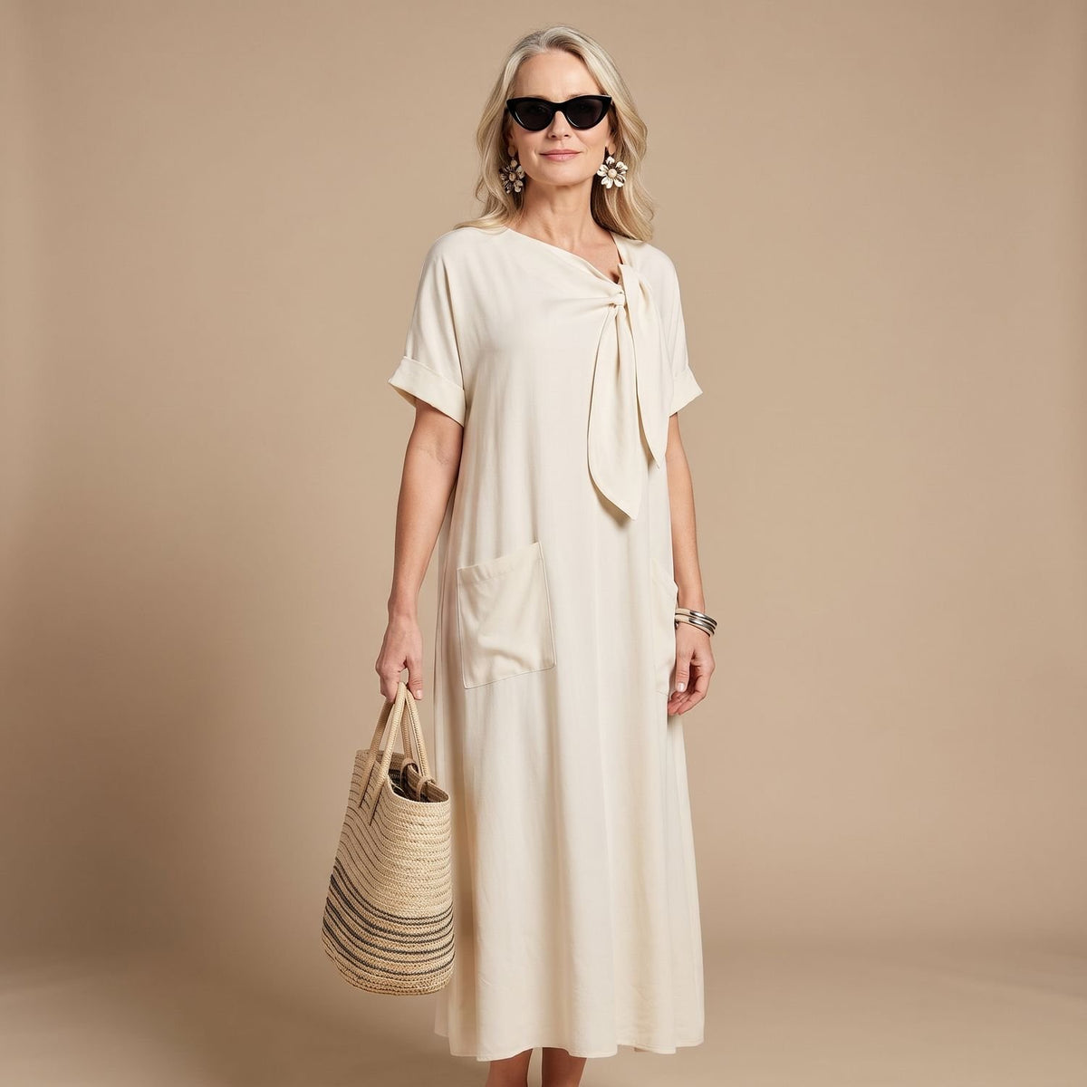 Women's Relaxed-Fit Bow-Neck Maxi Dress with Pockets - Beige