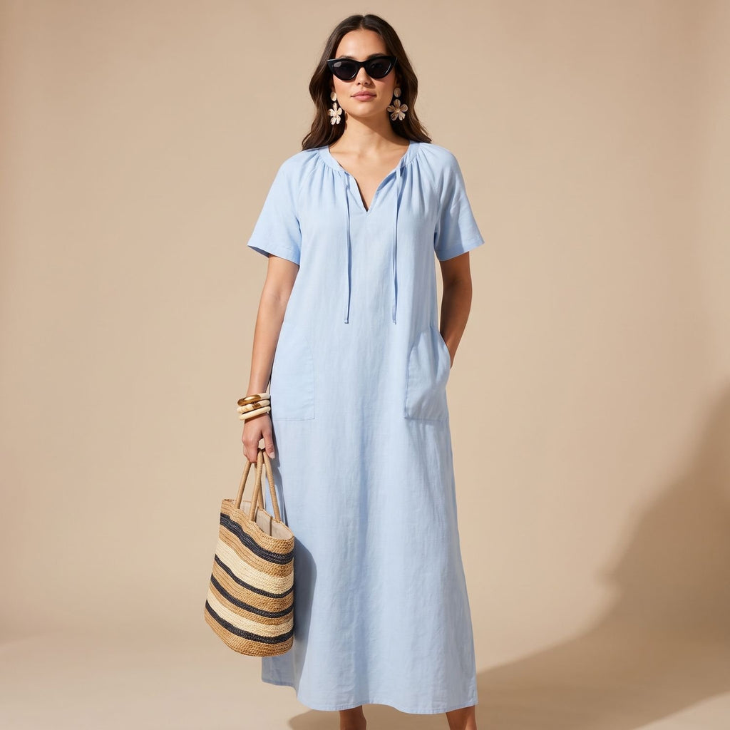 Women's Relaxed-Fit Bow-Neck Maxi Dress with Pockets - Blue