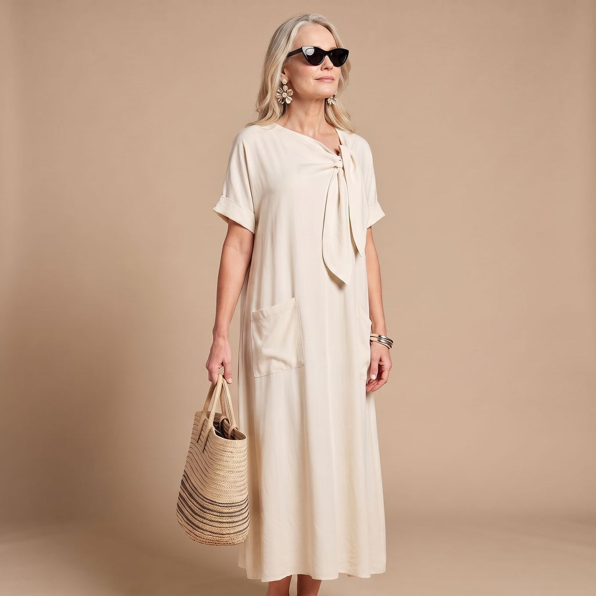 Women's Relaxed-Fit Bow-Neck Maxi Dress with Pockets - Khaki