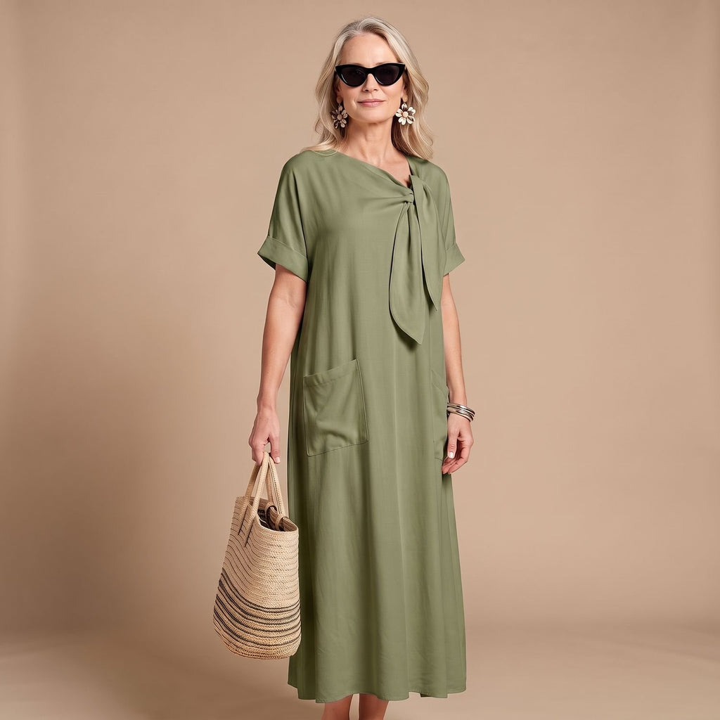 Women's Relaxed-Fit Bow-Neck Maxi Dress with Pockets - Green