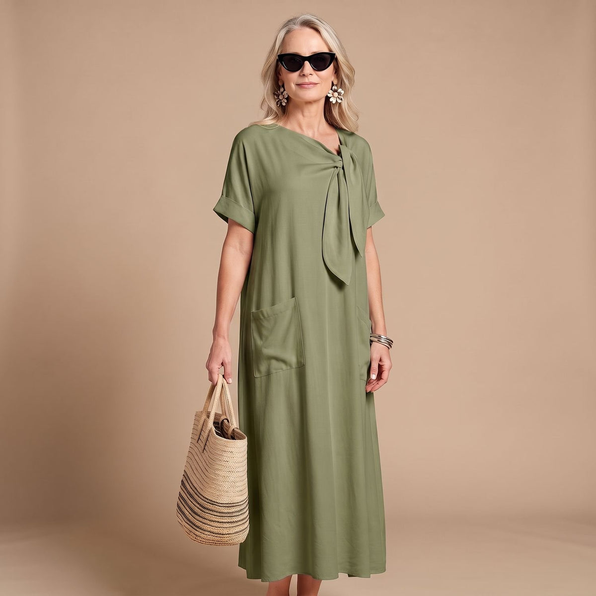 Women's Relaxed-Fit Bow-Neck Maxi Dress with Pockets - Green