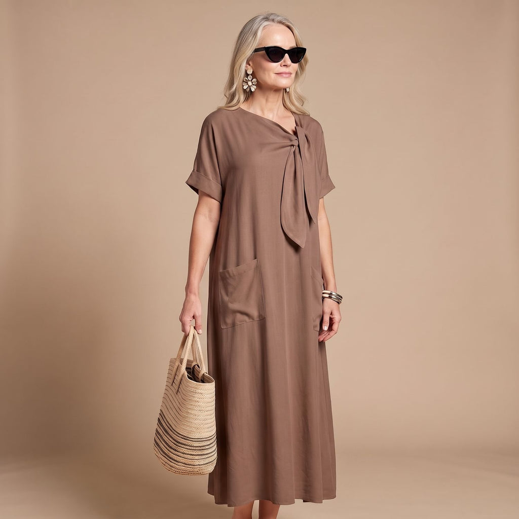 Women's Relaxed-Fit Bow-Neck Maxi Dress with Pockets - Brown