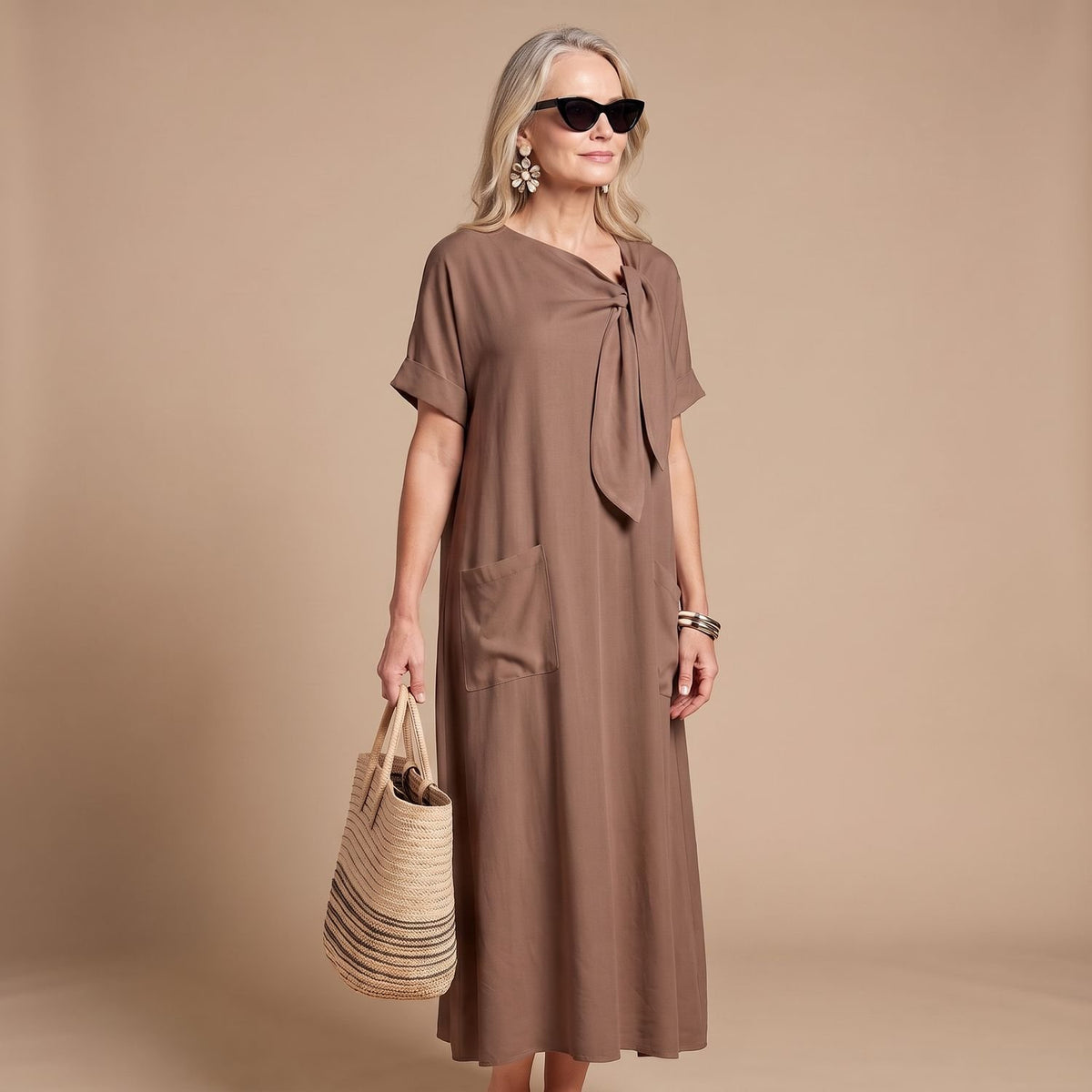 Women's Relaxed-Fit Bow-Neck Maxi Dress with Pockets - Brown