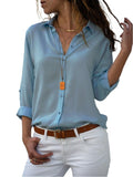 Women's Relaxed-Fit Button-Down Roll-Sleeve Collared Blouse - Light Blue