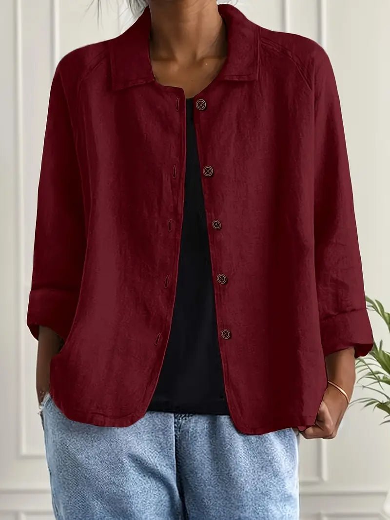 Women's Relaxed-Fit Button-Front Collared Long Sleeve Blazer - Burgundy