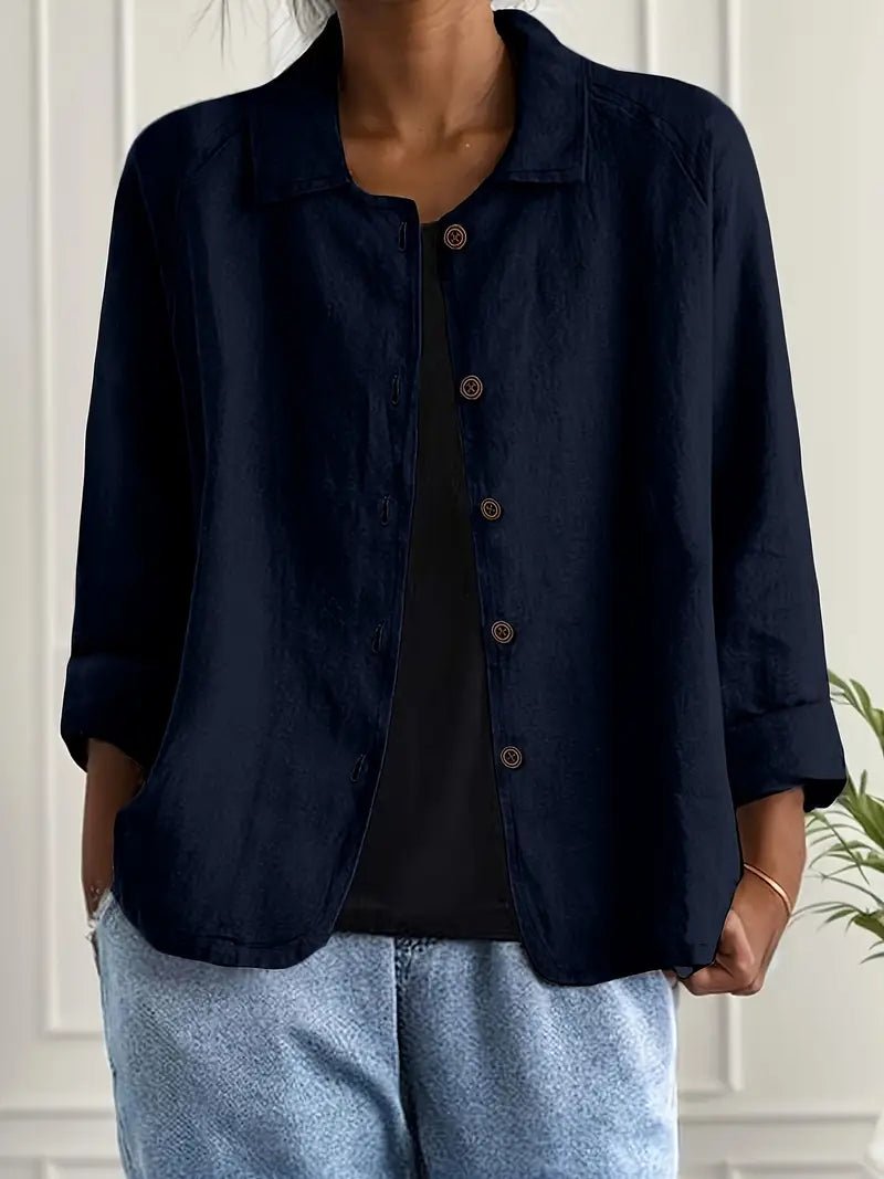 Women's Relaxed-Fit Button-Front Collared Long Sleeve Blazer - Navy Blue