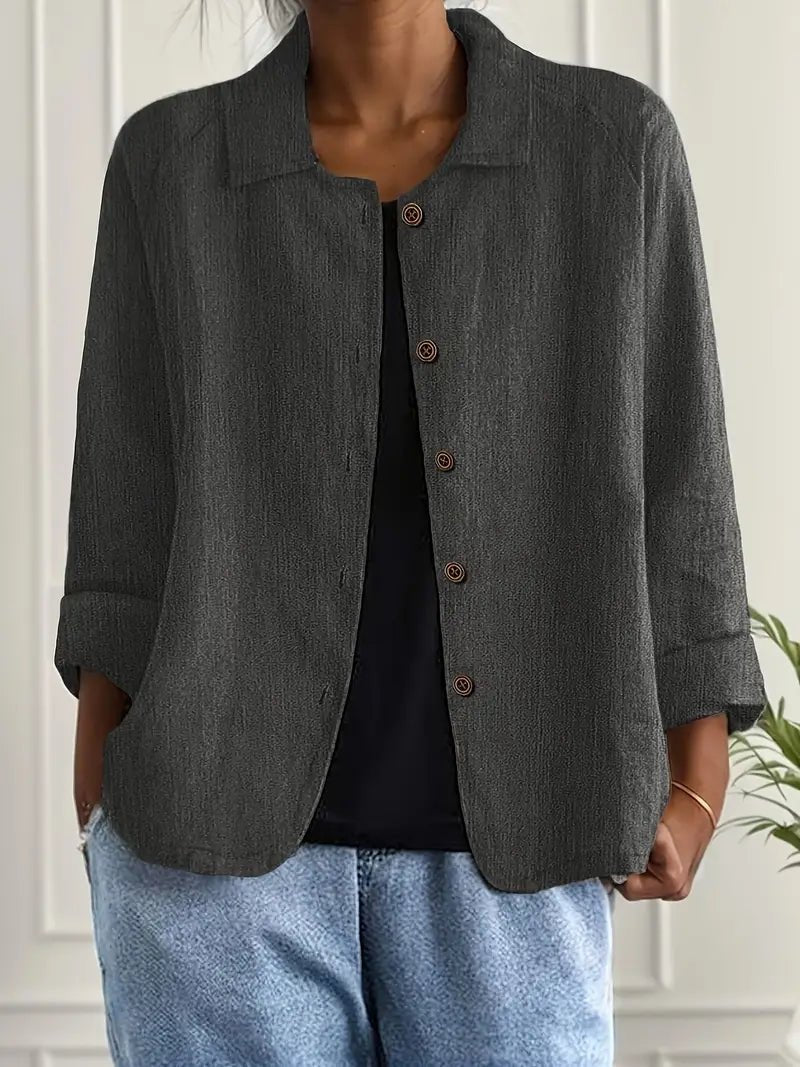 Women's Relaxed-Fit Button-Front Collared Long Sleeve Blazer - Dark Grey