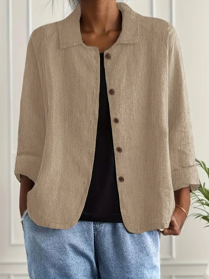 Women's Relaxed-Fit Button-Front Collared Long Sleeve Blazer - Khaki