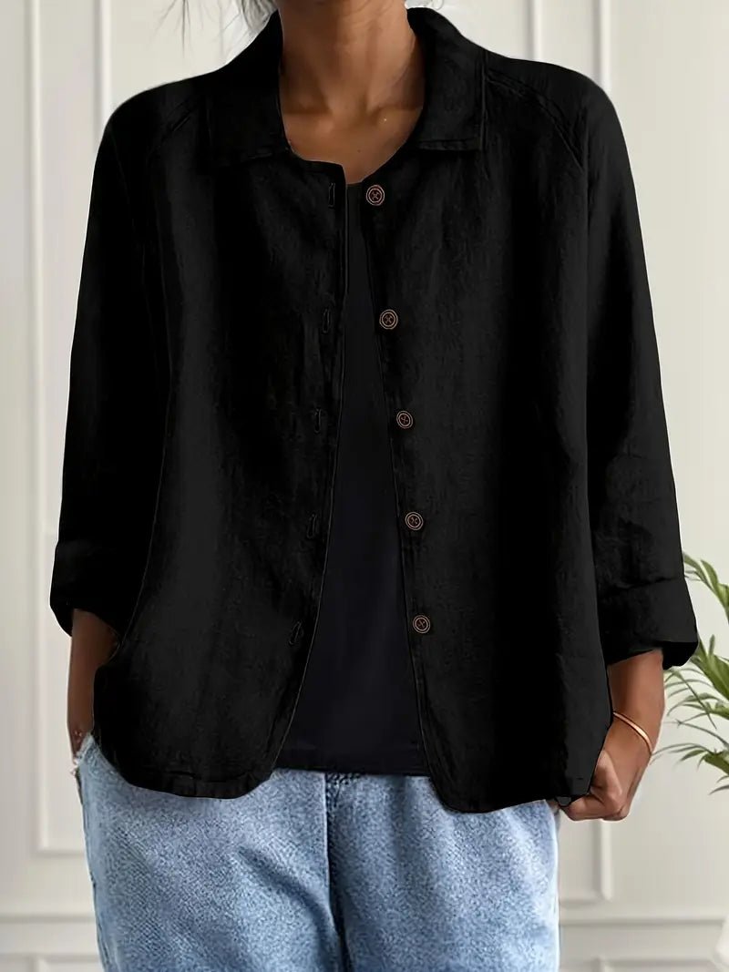Women's Relaxed-Fit Button-Front Collared Long Sleeve Blazer - Black