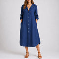Women's Relaxed-Fit Button-Front Midi Fall Wedding Guest Dress - Blue