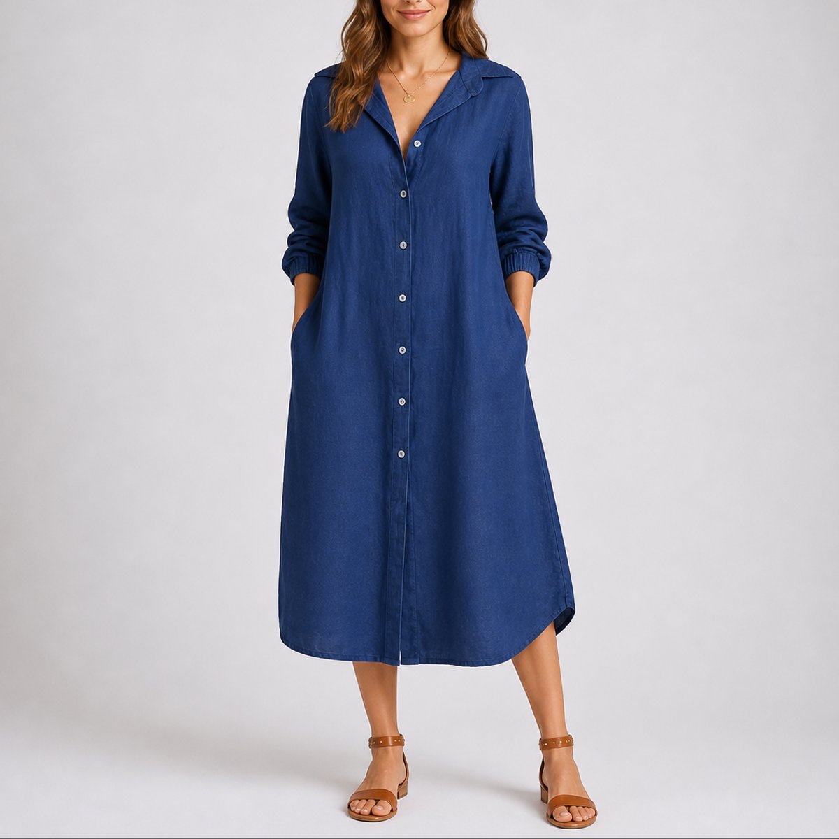 Women's Relaxed-Fit Button-Front Midi Fall Wedding Guest Dress - Blue