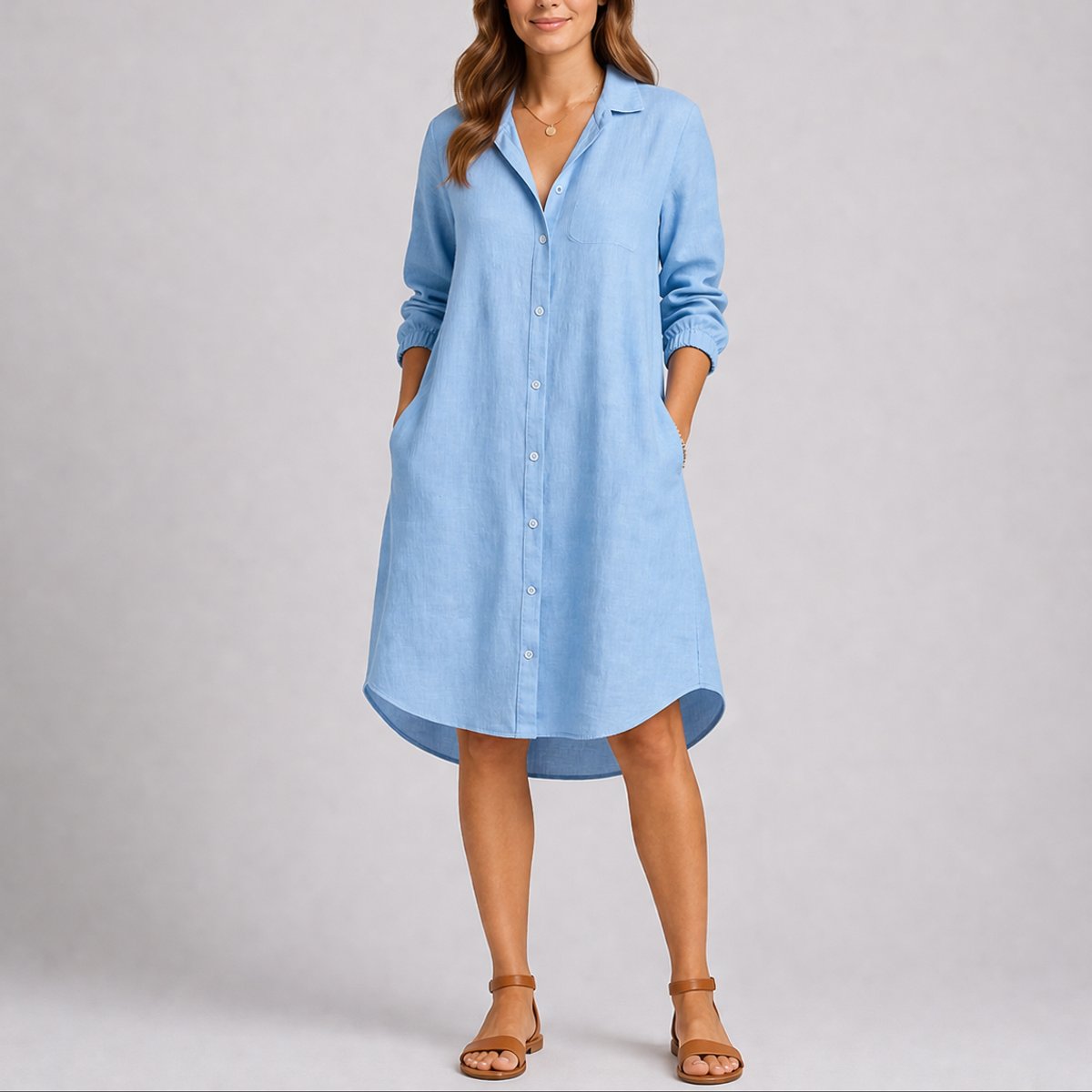 Women's Relaxed-Fit Button-Front Midi Fall Wedding Guest Dress - Light Blue