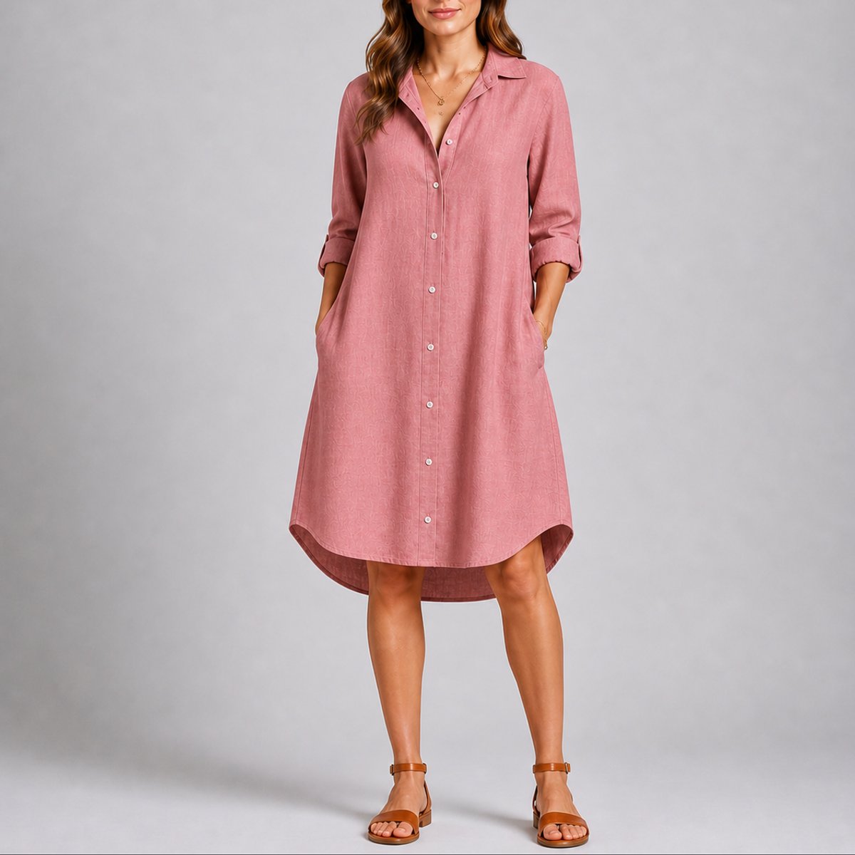 Women's Relaxed-Fit Button-Front Midi Fall Wedding Guest Dress - Pink