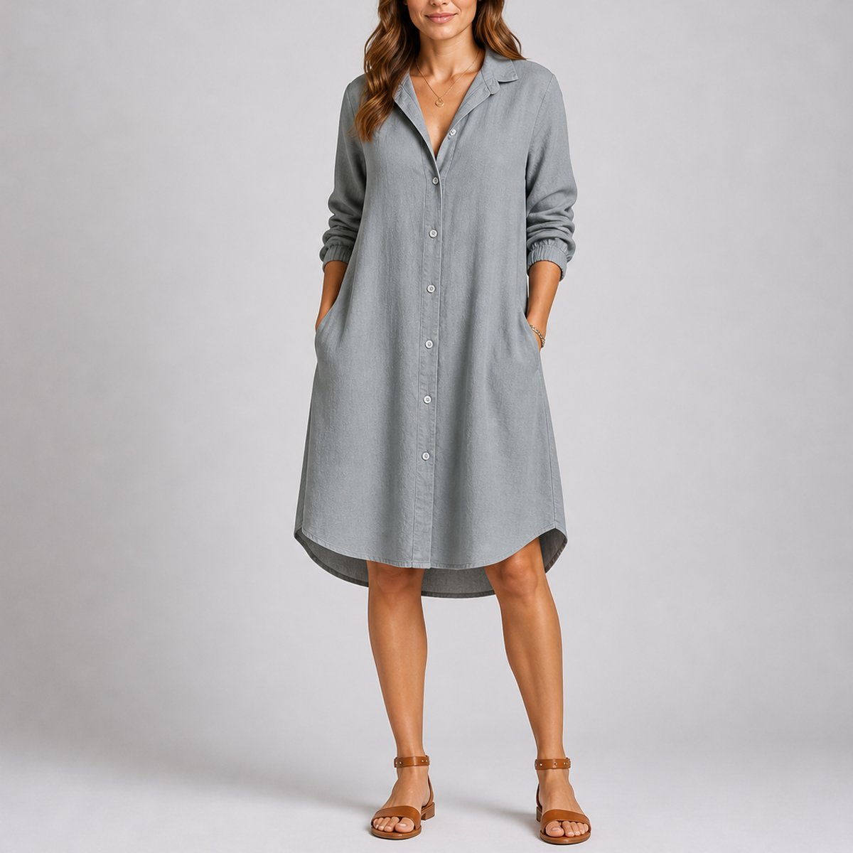 Women's Relaxed-Fit Button-Front Midi Fall Wedding Guest Dress - Grey