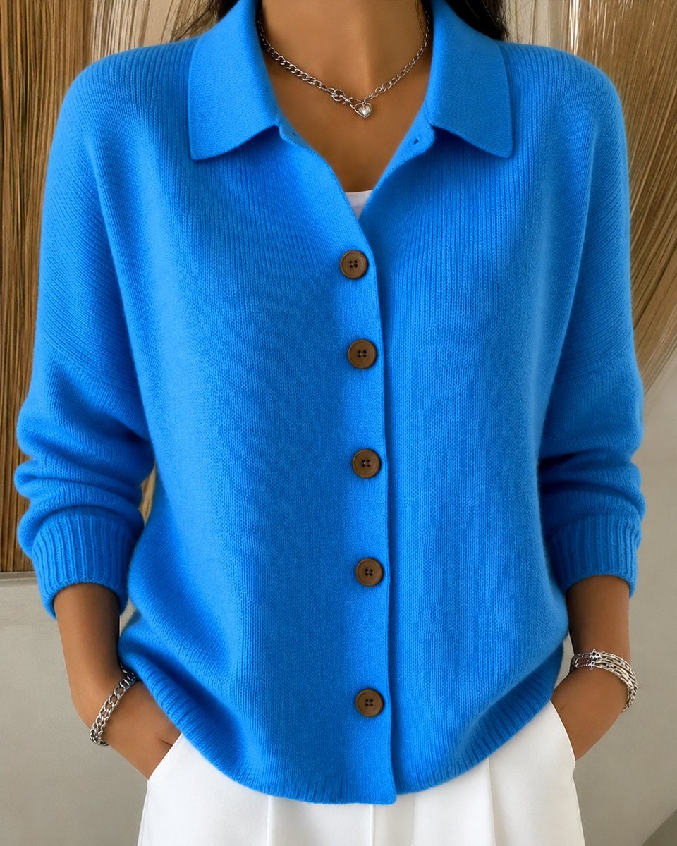 Women's Relaxed-Fit Button-Up Collar Knit Cardigan - Blue