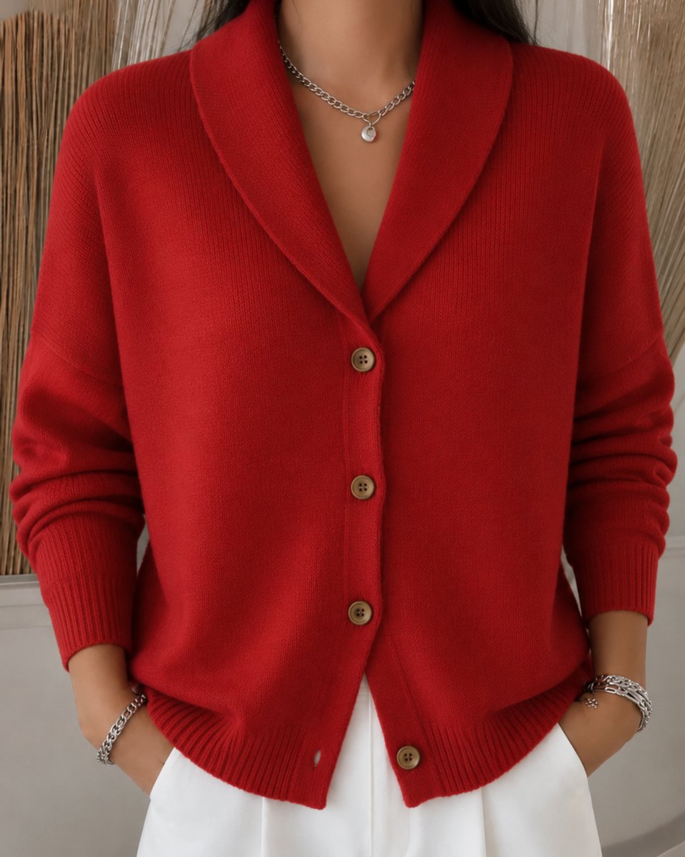 Women's Relaxed-Fit Button-Up Collar Knit Cardigan - Red