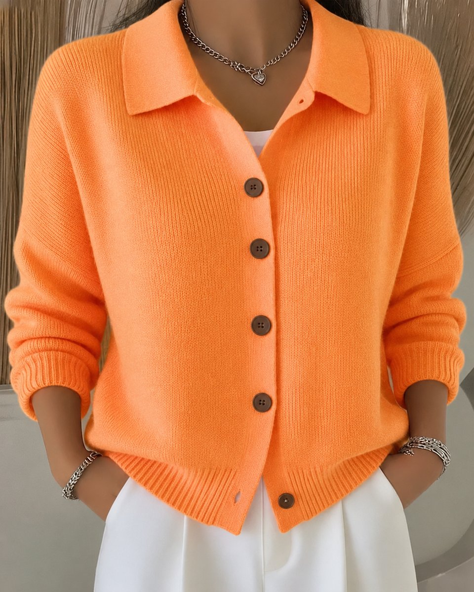 Women's Relaxed-Fit Button-Up Collar Knit Cardigan - Orange