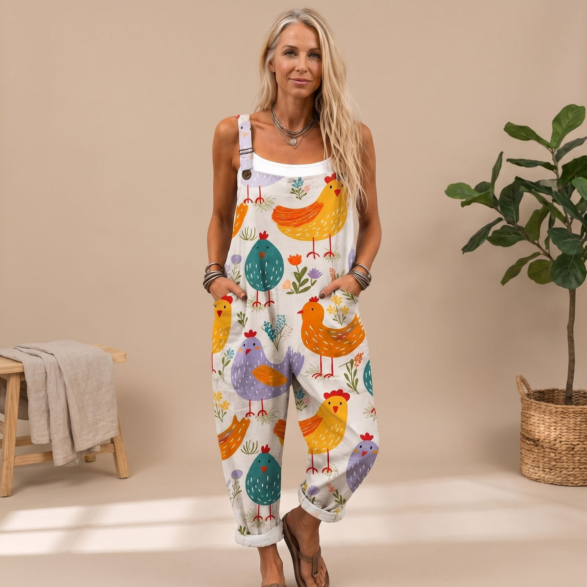 Women's Relaxed-Fit Chicken Print Sleeveless Bib Overalls Jumpsuit