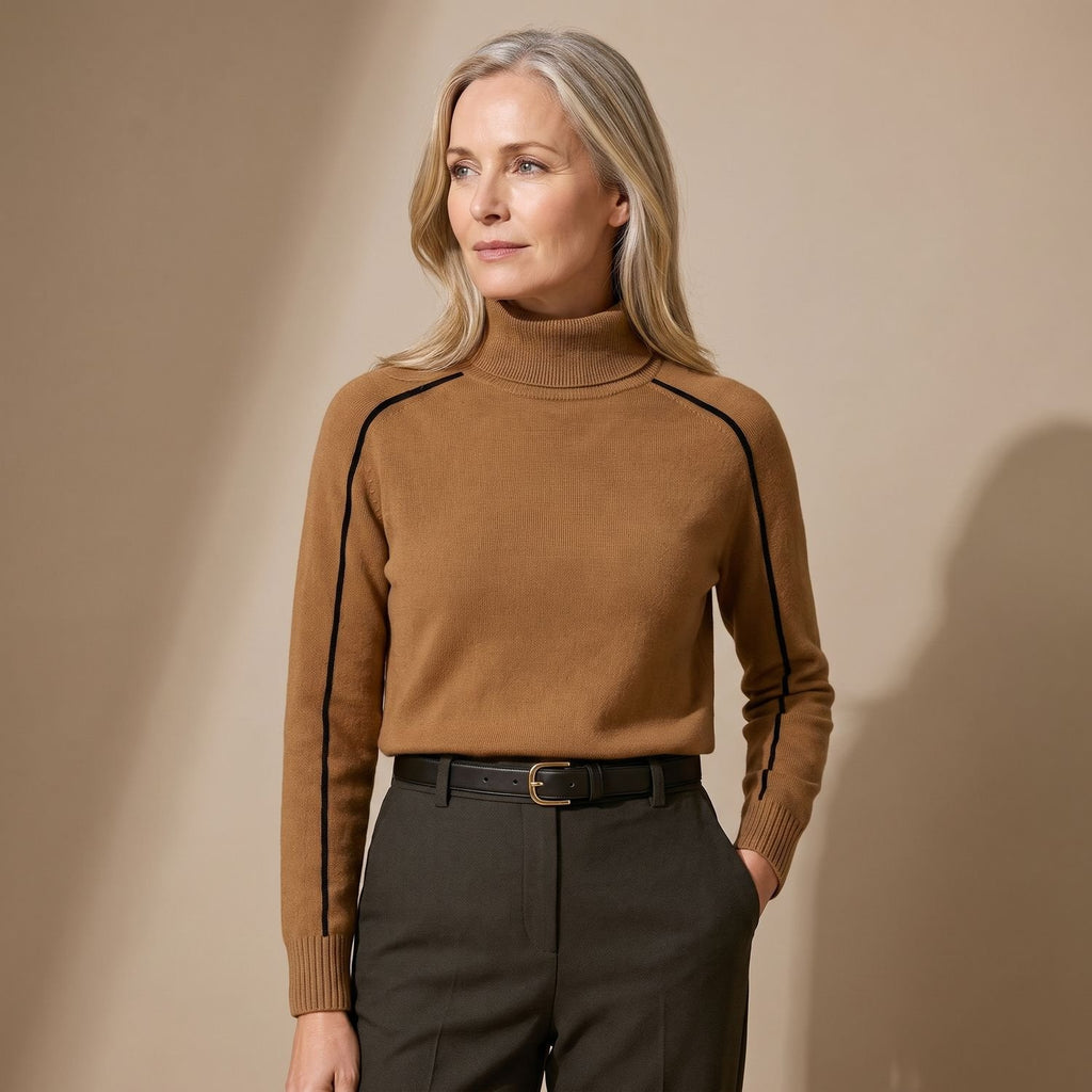 Women's Relaxed-Fit Contrast-Piping Turtleneck Sweater - Brown