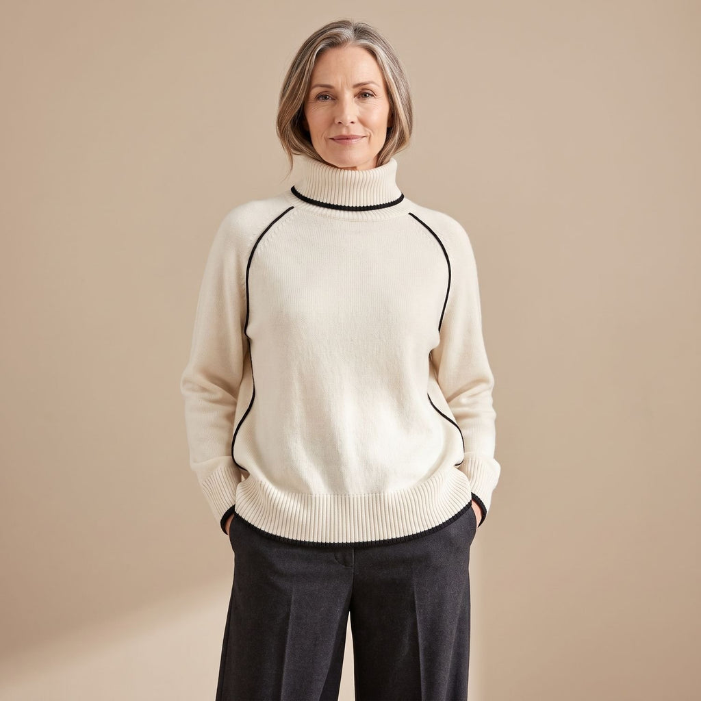 Women's Relaxed-Fit Contrast-Piping Turtleneck Sweater