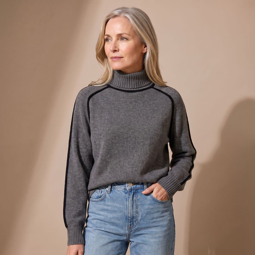 Women's Relaxed-Fit Contrast-Piping Turtleneck Sweater - Grey
