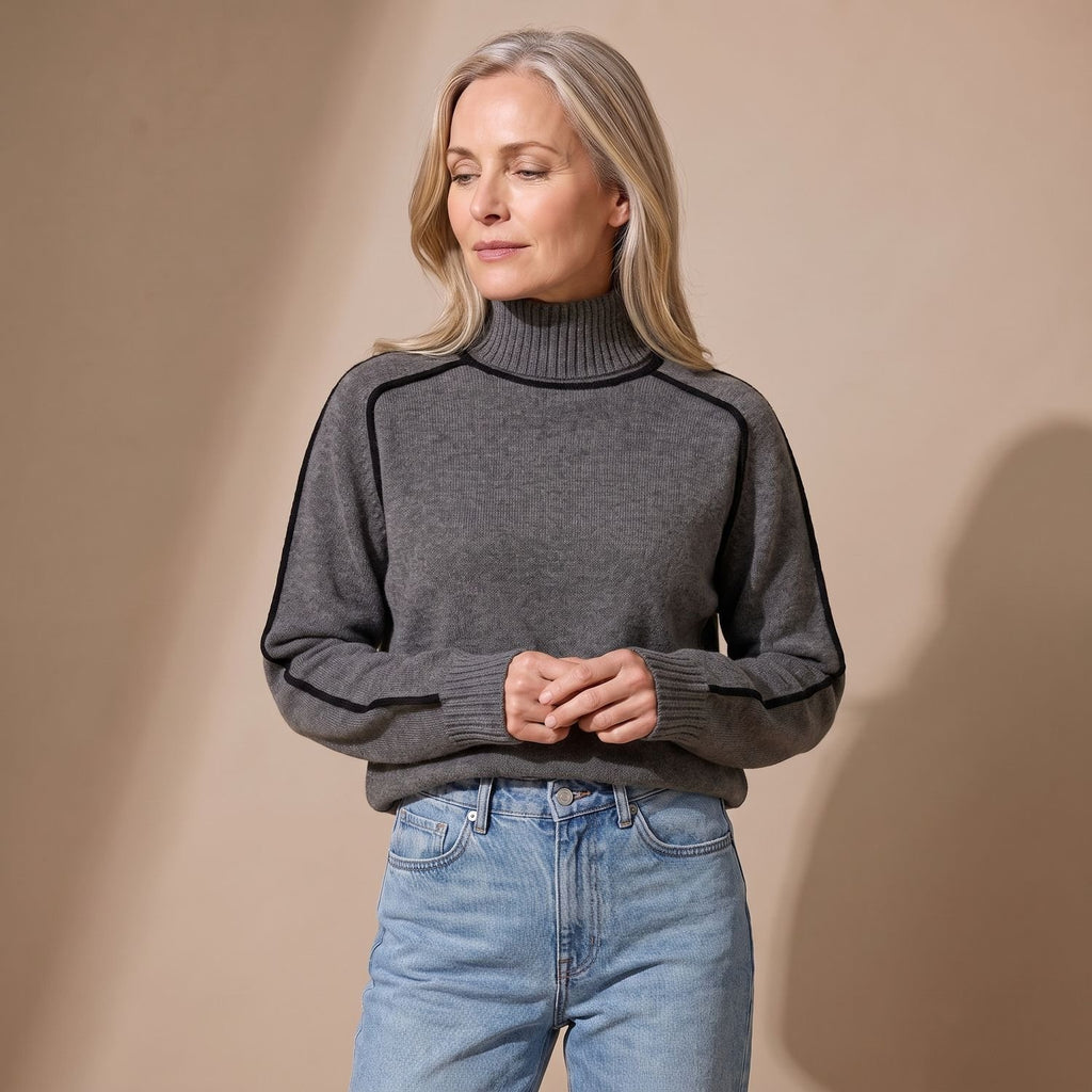 Women's Relaxed-Fit Contrast-Piping Turtleneck Sweater