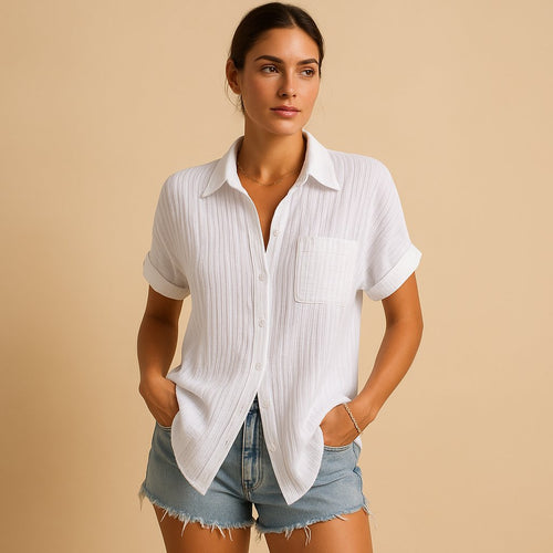 Women's Relaxed-Fit Cotton Gauze Short Sleeve Button-Up Shirt
