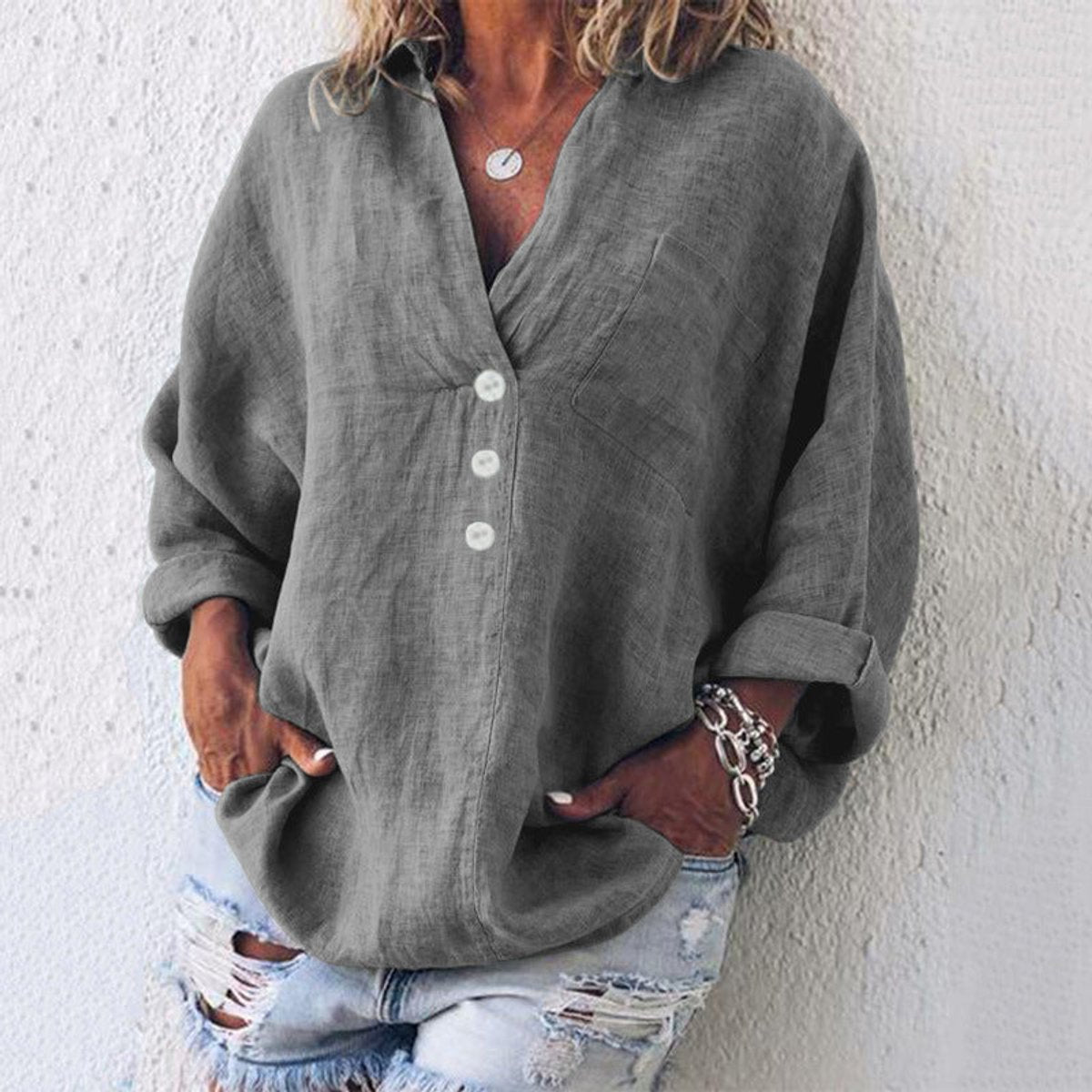 Women's Relaxed-Fit Cotton Linen Button-Up Sweater Shirt - Gray