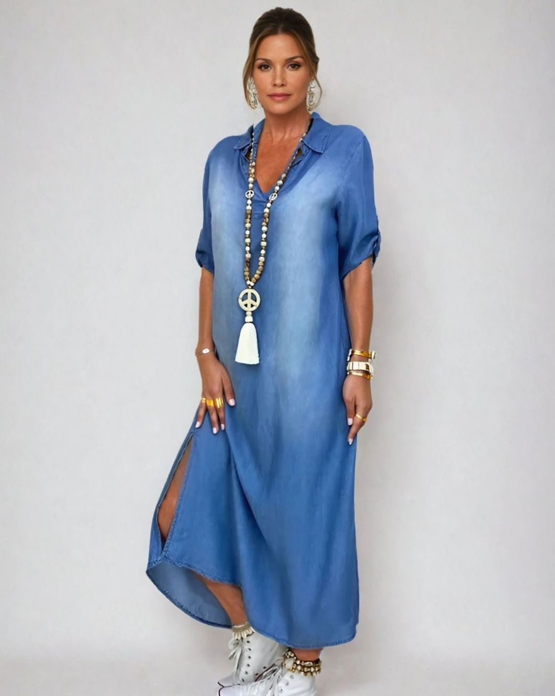 Women's Relaxed-Fit Denim Maxi Shirt Dress Side-Slit