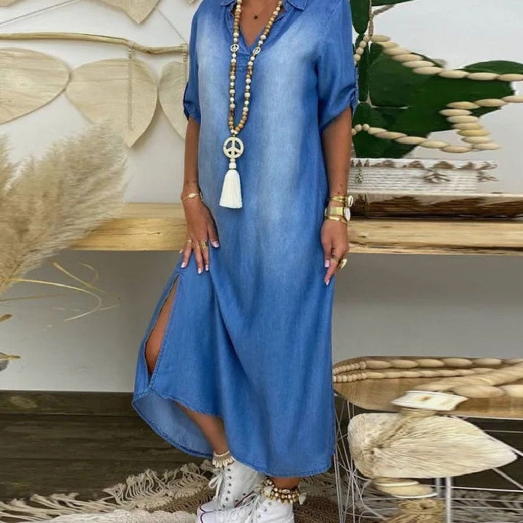 Women's Relaxed-Fit Denim Maxi Shirt Dress Side-Slit - Blue
