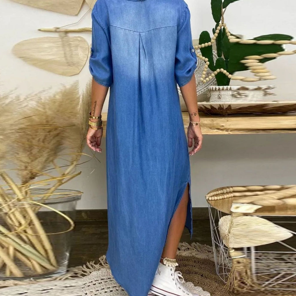 Women's Relaxed-Fit Denim Maxi Shirt Dress Side-Slit