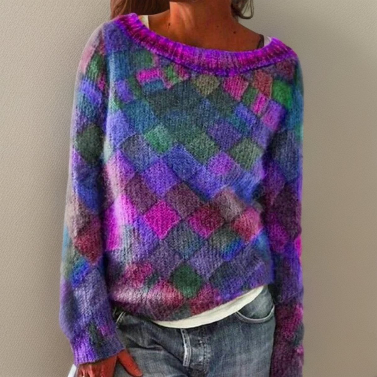 Women's Relaxed-Fit Diamond Argyle Knit Sweater - Purple
